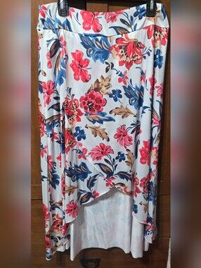 Floral High-Low Women's Skirt in Light Blue with Pink & Blue Blooms